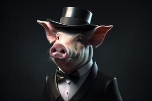 Gentleman, das Boss ist ein Fett Schwein, ein Ferkel im ein Hut, passen und binden. Banner Header. ai generiert. foto