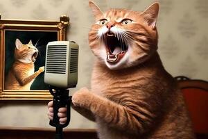 Katze Künstler singt in ein Mikrofon. neural Netzwerk ai generiert foto