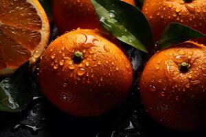 frisch Orange Früchte mit Blätter wie Hintergrund, oben Sicht. neural Netzwerk ai generiert foto