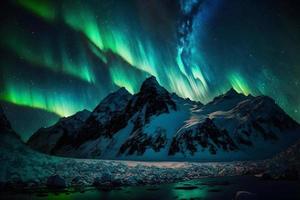 Polar- Beleuchtung ebenfalls namens Nord Beleuchtung oder Aurora Borealis im Nord Norwegen Berge. neural Netzwerk generiert Kunst foto