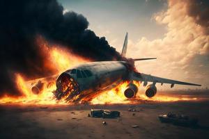 Verbrennung Flugzeug auf Feuer Unfall im International Flughafen. neural Netzwerk generiert Kunst foto