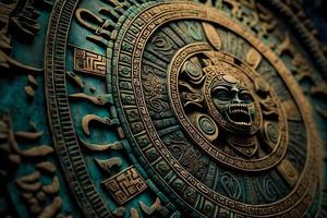 schließen Aussicht von das uralt aztekisch Maya Kalender mit runden Muster und Linderung auf Stein Oberfläche. neural Netzwerk generiert Kunst foto