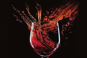 Glas mit Spritzen von rot Wein auf schwarz Hintergrund. neural Netzwerk generiert Kunst foto