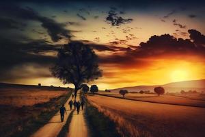 ein Gruppe von Menschen Gehen in das Sonnenuntergang. schön Landschaft. neural Netzwerk generiert Kunst foto