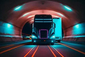 LKW Anhänger Fahren beim das Neon- Tunnel. neural Netzwerk generiert Kunst foto