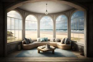 Strand Leben auf Meer Aussicht Innere mit groß Fenster. neural Netzwerk ai generiert foto