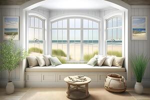 Strand Leben auf Meer Aussicht Innere mit groß Fenster. neural Netzwerk ai generiert foto