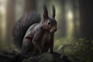 Kunst Aussicht auf wild Natur. süß rot Eichhörnchen. neural Netzwerk ai generiert foto