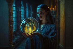 das Hexe mit Magie Ball im ihr Hände Ursachen ein Spirituosen im Höhle. neural Netzwerk ai generiert foto