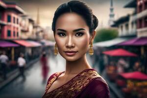 Porträt von ein schön asiatisch thailändisch Frau. neural Netzwerk ai generiert foto