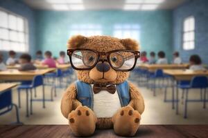 Teddy Bär wie ein Schüler beim Schule. zurück zu Schule. neural Netzwerk ai generiert foto
