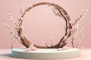 frisch üppig Rosa Sakura Blumen auf Ast mit Podium Attrappe, Lehrmodell, Simulation im Sanft Licht. neural Netzwerk ai generiert foto