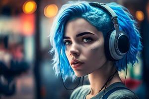 Porträt von jung Mädchen mit Blau Haar Hören Musik- mit Kopfhörer auf Stadt Straße. neural Netzwerk generiert Kunst foto