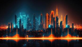 Blau und Orange Farbe Neon- Mega Stadt Hauptstadt Türme mit futuristisch Technologie Hintergrund, Zukunft modern Gebäude virtuell Wirklichkeit, Digital Design, Digital Technologie Szene mit generativ ai. foto