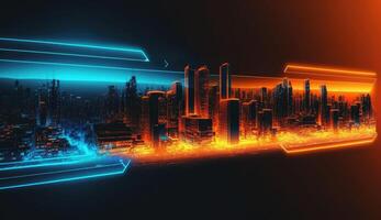 Blau und Orange Farbe Neon- Mega Stadt Hauptstadt Türme mit futuristisch Technologie Hintergrund, Zukunft modern Gebäude virtuell Wirklichkeit, Digital Design, Digital Technologie Szene mit generativ ai. foto