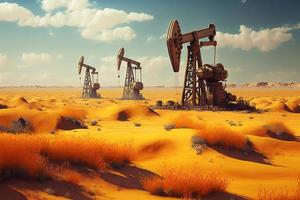 Öl Pumpe rig im Wüste auf Ölfeld Seite? ˅. Öl und Gas Produktion. ai foto
