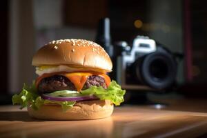 Rindfleisch Burger auf hölzern Platte. ai generiert. foto
