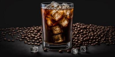 das Glas von Eis Americano Kaffee im das schwarz Hintergrund mit ai generiert. foto