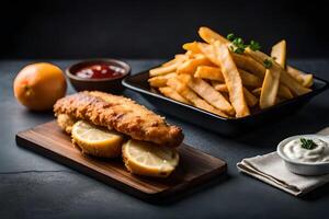 Fisch und Chips serviert auf ein hölzern Tafel mit Zahnstein Soße ai generiert foto