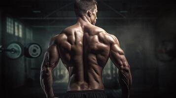 ai generativ stark sportlich Männer Pumpen oben Muskeln trainieren Bodybuilding Konzept muskulös Bodybuilder Männer tun Übungen im Fitnessstudio nackt foto
