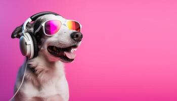 schließen oben Porträt von Hund tragen Brille und Headset. isoliert auf Rosa Hintergrund, mit Exemplar. heiter Konzept mit Hören zu Musik. generativ ai foto