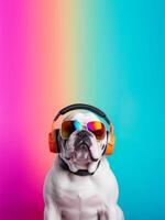 schließen oben Porträt von Bulldogge tragen Brille und Headset. isoliert auf bunt Hintergrund, mit Exemplar. heiter Konzept mit Hören zu Musik. generativ ai foto