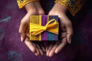 Hand halten Geschenk Kasten, Geschenk zum Besondere Tag Hintergrund. generativ ai foto