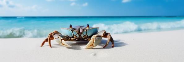 Krabbe Meer Marine auf tropisch Meer und sandig Strand Blau Himmel Hintergrund. generativ ai foto