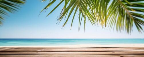 leeren hölzern Tabelle mit tropisch Meer und Strand Hintergrund. generativ ai foto