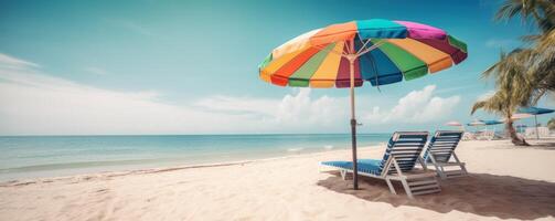 Sommer- Stühle und Regenschirme auf tropisch Meer und Strand mit Blau Himmel Hintergrund. generativ ai foto