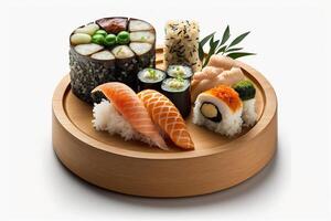 Sushi einstellen auf hölzern Teller auf Weiß Hintergrund, japanisch Lebensmittel. ai generativ foto