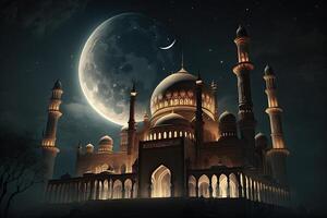 Moschee islamisch Ramadan Mond Hintergrund dunkel filmisch Hintergrund ai generiert foto