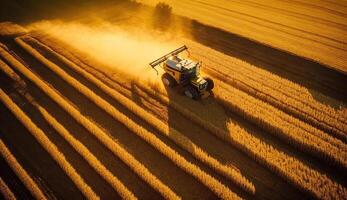 Antenne oben wetteifern von Ackerland Gold Weizen Feld im das Morgen mit leuchtenden von Sonnenlicht, schön Szene, Ernte Reis Essen, landwirtschaftlich Konzept, mit generativ ai. foto