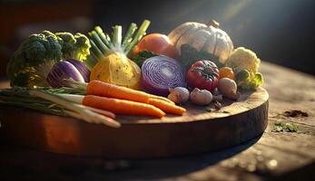 gesund von variiert roh organisch Gemüse im Korb Box auf hölzern Tisch, frisch Zutaten zum Koch und Mahlzeiten, hoch Vitamin und Mineralien, Grün Hydrokultur Pflanzen, mit generativ ai. foto