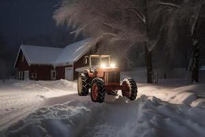 Traktor im Schnee. Weihnachten Vorabend. ai generiert foto