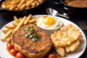 britisch Küche. Haferbrei mit Linsen, gebacken Kartoffeln und sauer sahne.fisch und Chips. generativ ai foto