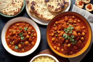 indisch Küche. sortiert indisch Essen einschließlich Kichererbsen, Curry, Masala und Naan. generativ ai foto