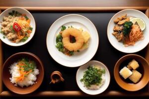 japanisch Küche. Sushi und Rollen auf das Tabelle im das Restaurant. generativ ai foto