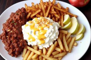 amerikanisch Küche. Käse Burger, amerikanisch Cheeseburger mit golden Französisch Fritten auf hölzern Hintergrund. generativ ai foto