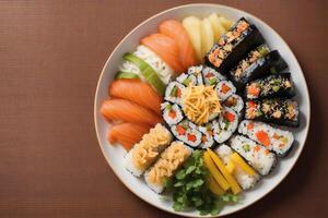 japanisch Küche. Sushi und Rollen auf das Tabelle im das Restaurant. generativ ai foto