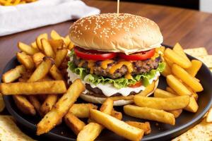amerikanisch Küche. Käse Burger, amerikanisch Cheeseburger mit golden Französisch Fritten auf hölzern Hintergrund. generativ ai foto