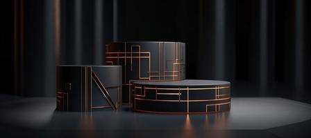 3d Podium Produkt Attrappe, Lehrmodell, Simulation mit abstrakt Ambiente auf schwarz und Gold Segeltuch - - ein Fachmann 3d gerendert Visualisierung foto