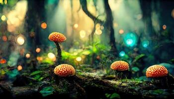 wunderbar Pilz Hintergrund ,Fantasie Hintergrund, 4k, Pilz Licht, Fantasie Pilz, Dschungel. generativ ai foto