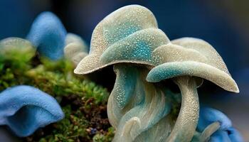 genial Blau Hut von Auster Pilze wachsend auf Grün Moos schließen hoch. generativ ai foto