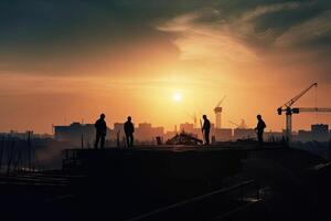 Silhouetten von Ingenieure beim Konstruktion Seite? ˅ beim Sonnenuntergang. generativ ai foto