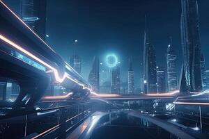 futuristisch Stadt mit Neon- Beleuchtung. generativ ai foto