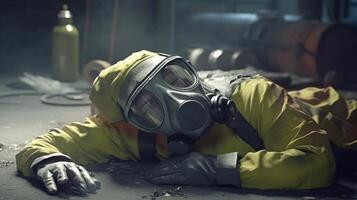 Chemikalien Arbeiter im Hazmat passen und Gas Maske Lügen runter, Sicherheit Arbeit , generiert ai Bild foto