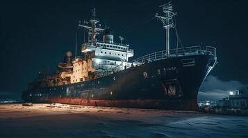 Eisbrecher Schiff im das arktisch beim Nacht , generiert ai Bild foto