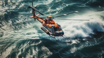 Hubschrauber mit ein Überleben Schwimmer hängend aus, generiert ai Bild foto