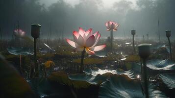 Lotus Blume, mit neblig regnerisch Jahreszeit , generiert ai Bild foto